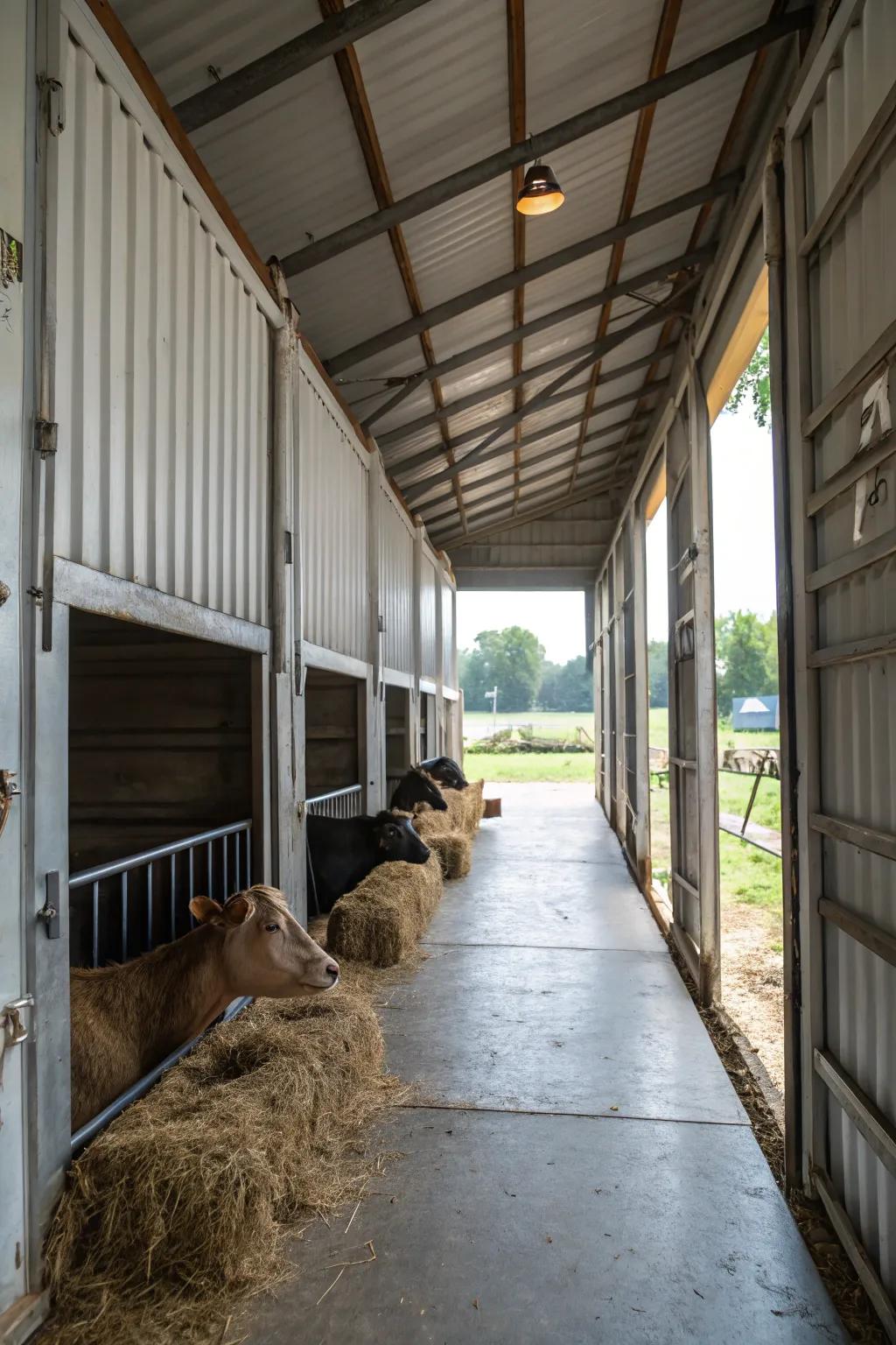 Livestock comfortably housed in a container barn with ample light.