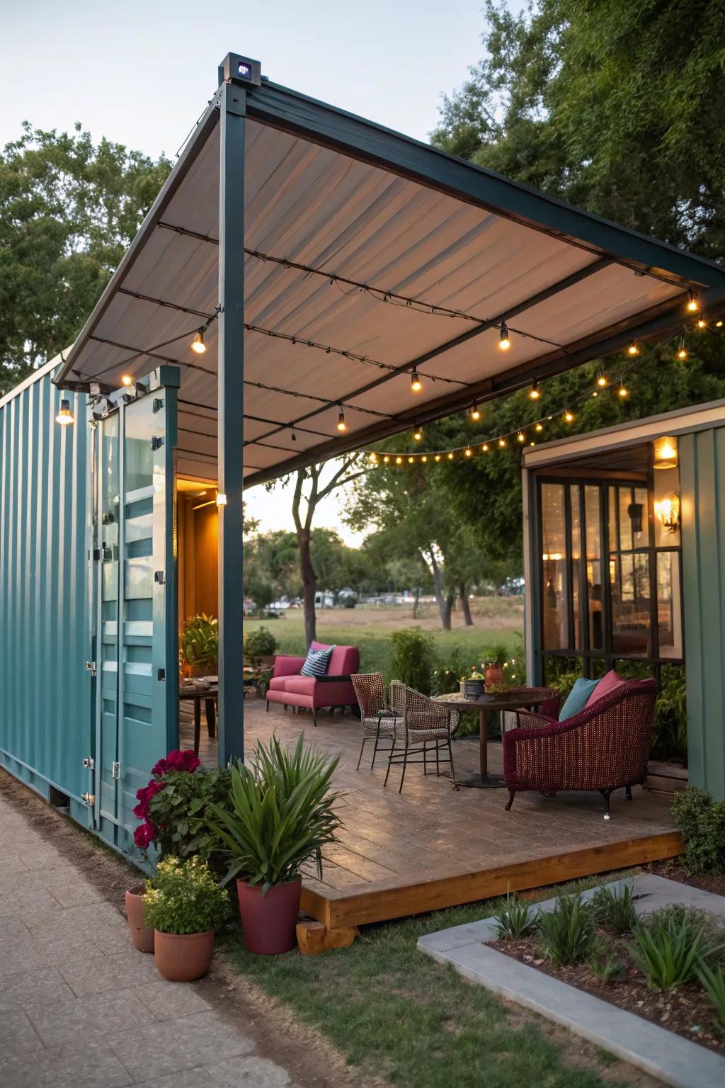 A canopy overhang creates the perfect outdoor retreat.