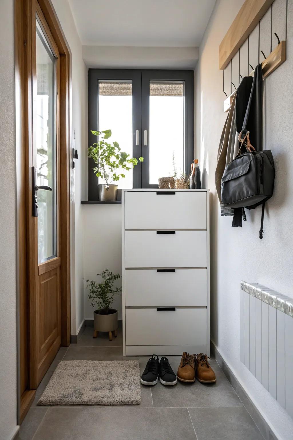 A skinny footwear closet makes the most of storage in a small area.