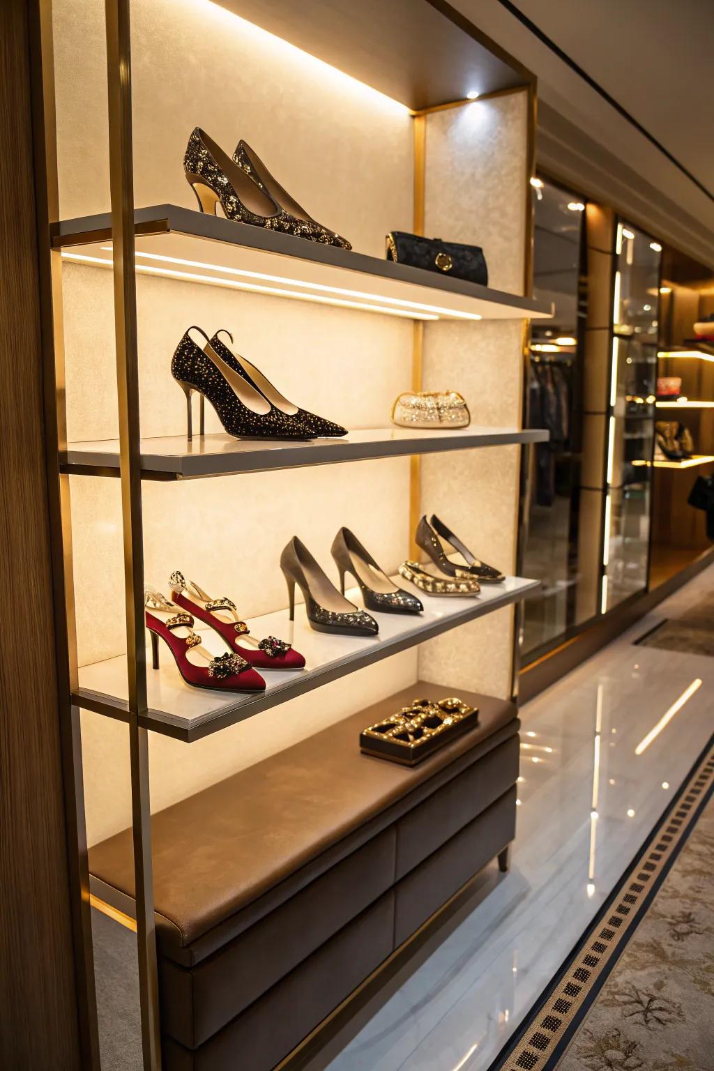 Luminous shelves bring a dramatic flair to your shoe display.