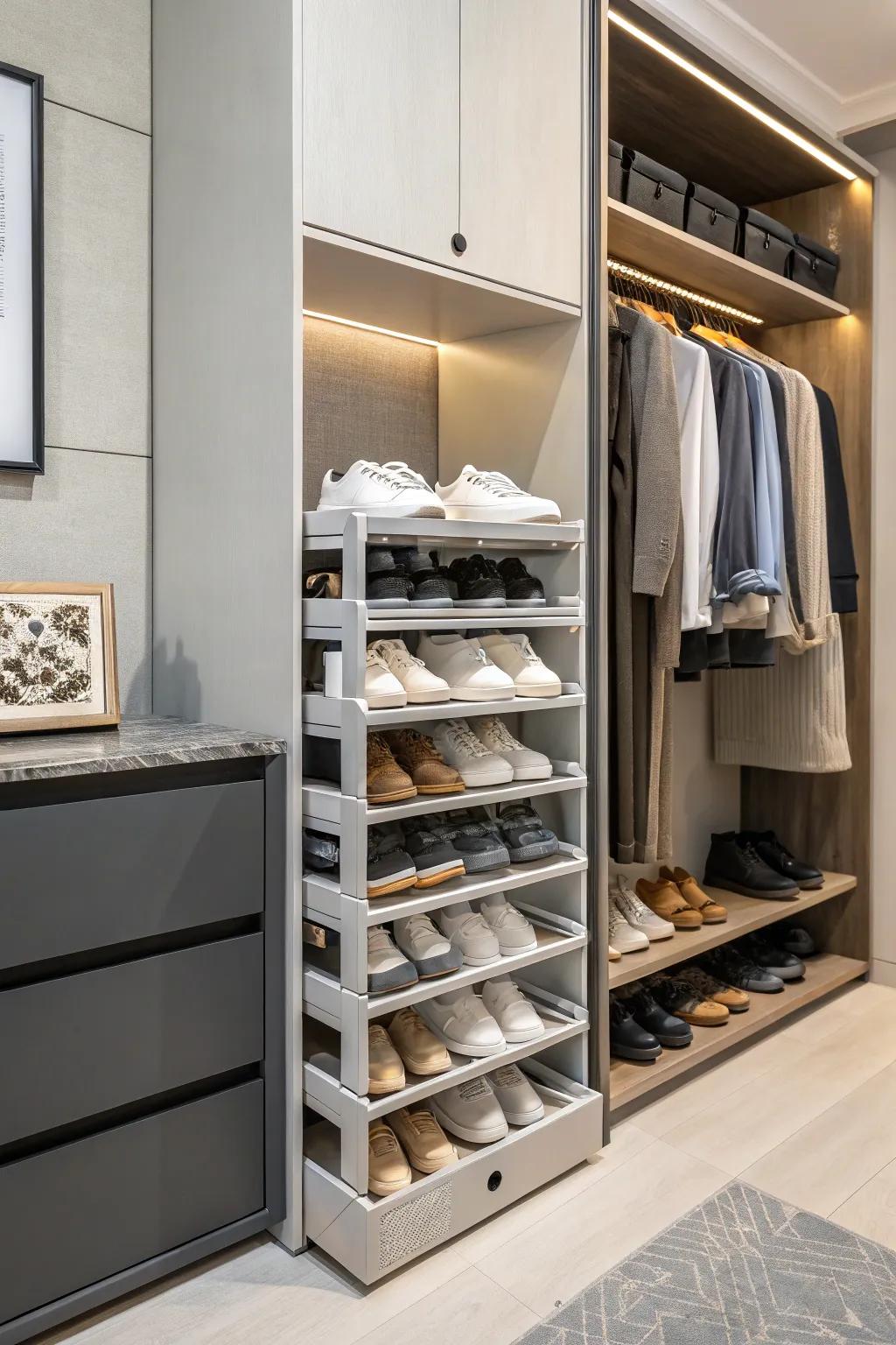 Use adjustable stackable racks to bring flexibility to any shoe collection.