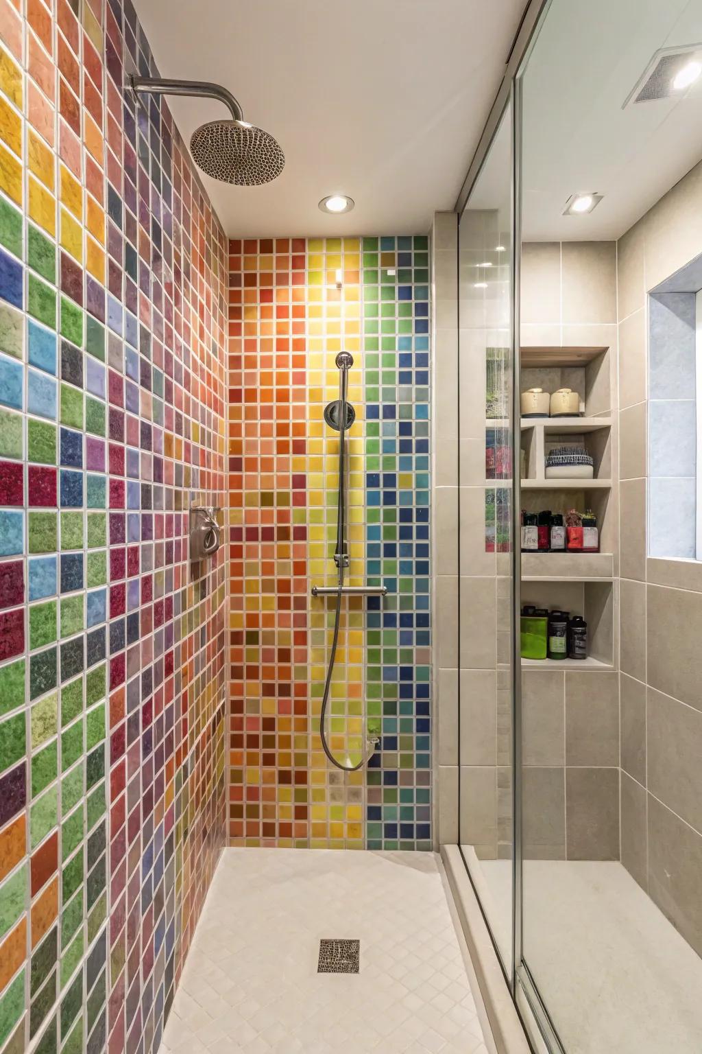 A splash of color and pattern using mosaic tiles adds personality to this shower.