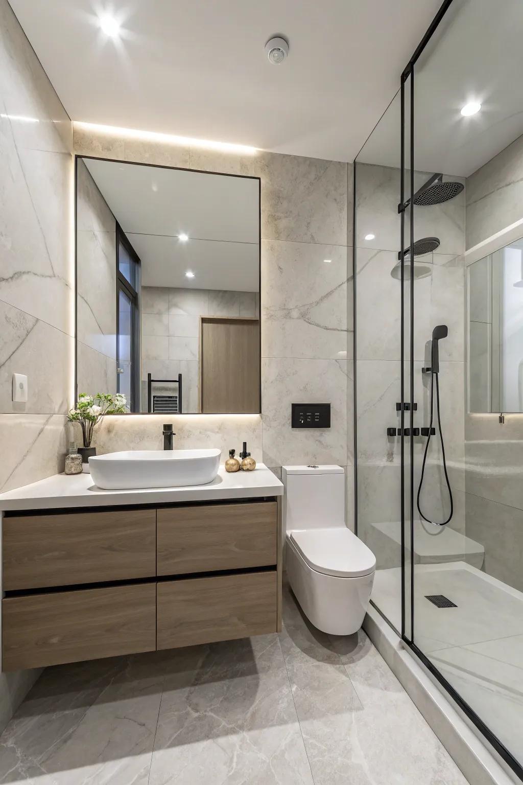Uncluttered design infuses a sense of peace and simplicity in small bathrooms.