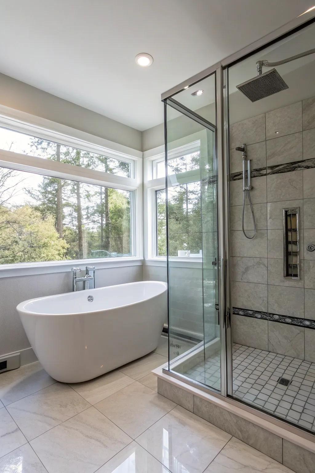 A lavish bathroom showcasing a standalone tub adjacent to a sleek shower stall.