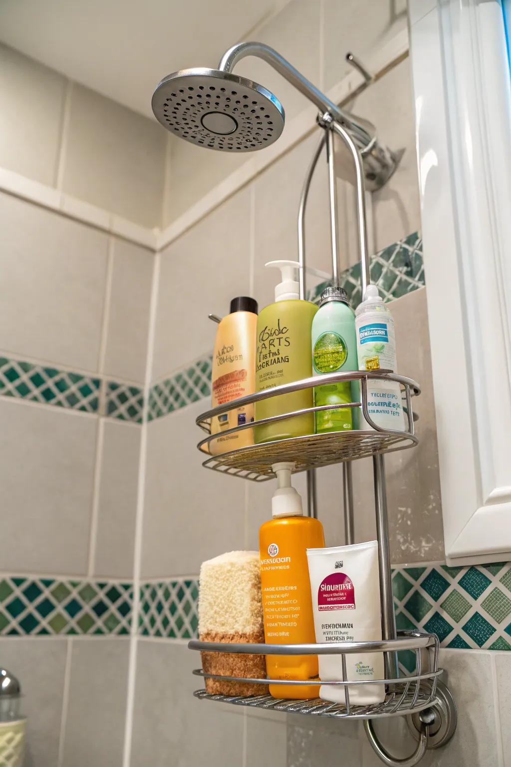 A hanging organizer keeps shower essentials neatly arranged and accessible.