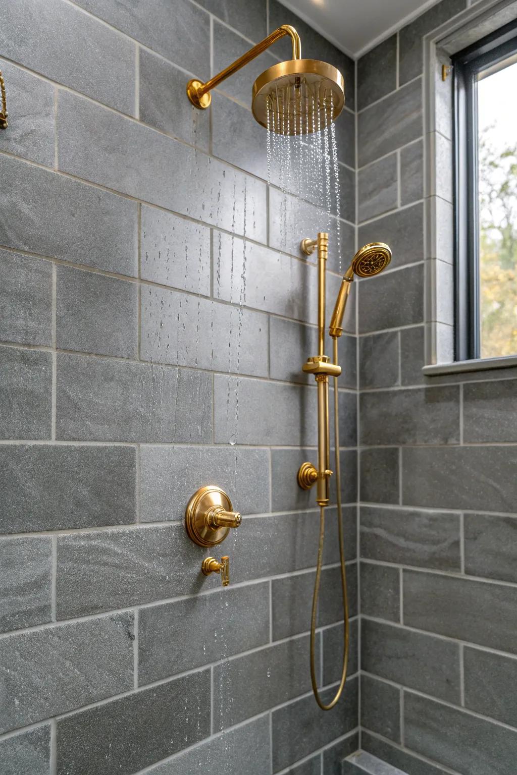 Grey tiles accented by metallic details for a lavish ambiance.