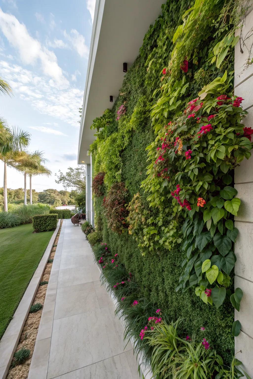 A vertical garden incorporates lush vegetation without sacrificing space.