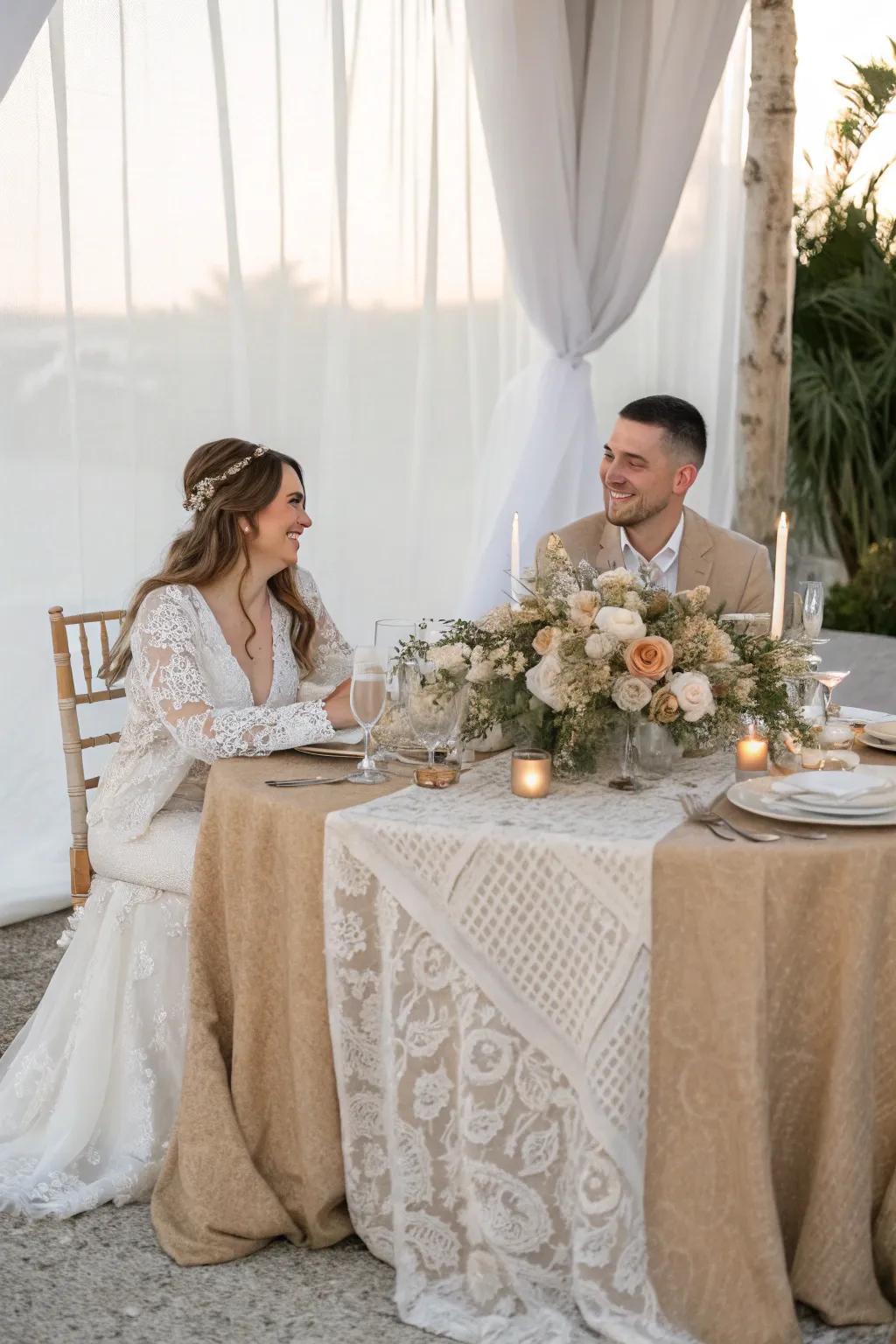 A bride and groom table featuring elegant textured linens in soft, neutral tones.