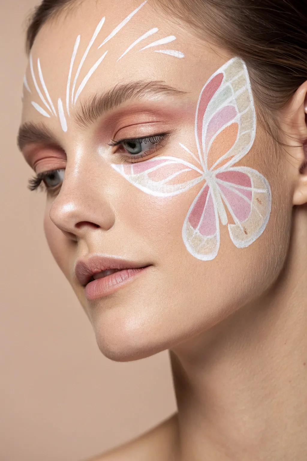 Embrace the beauty of symmetry with this minimalist butterfly face paint design. 🦋✨ Perfect for adding a touch of whimsy to your look while keeping it chic and balanced.