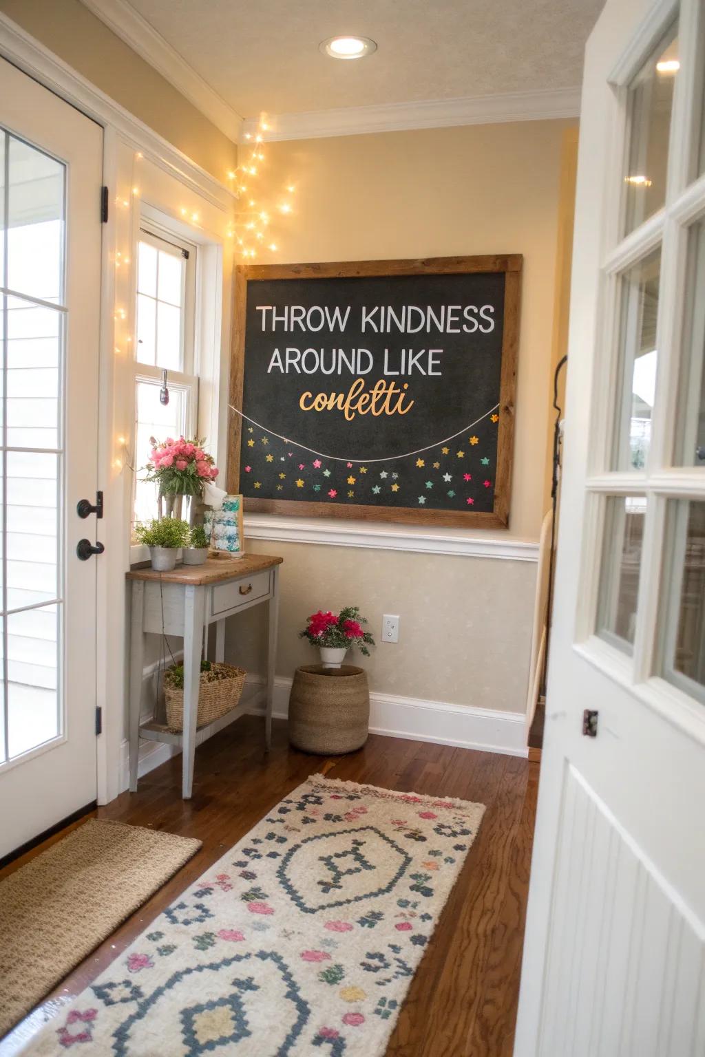 Entryway slate board featuring an inscription centered on generosity.