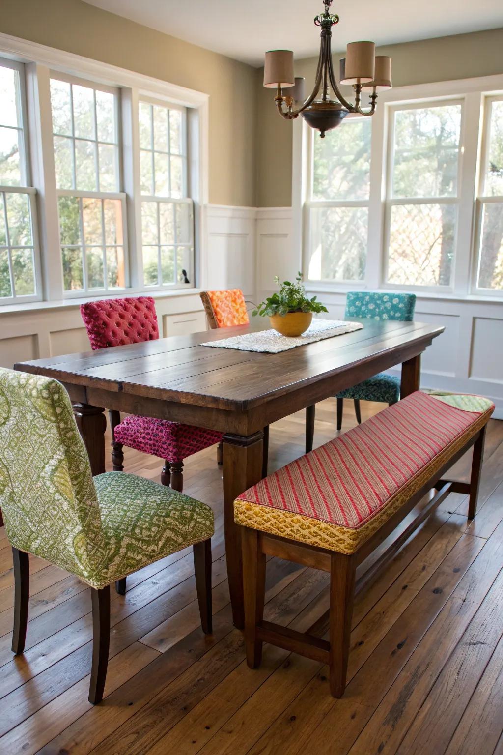 Diverse seating imparts a playful atmosphere to the dining area.