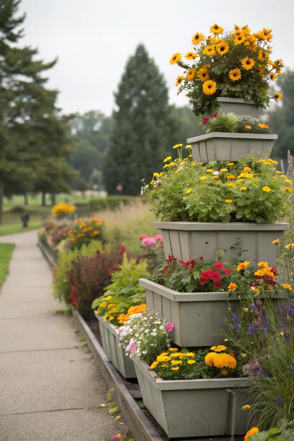 Elevated garden structures bringing depth to a garden layout.
