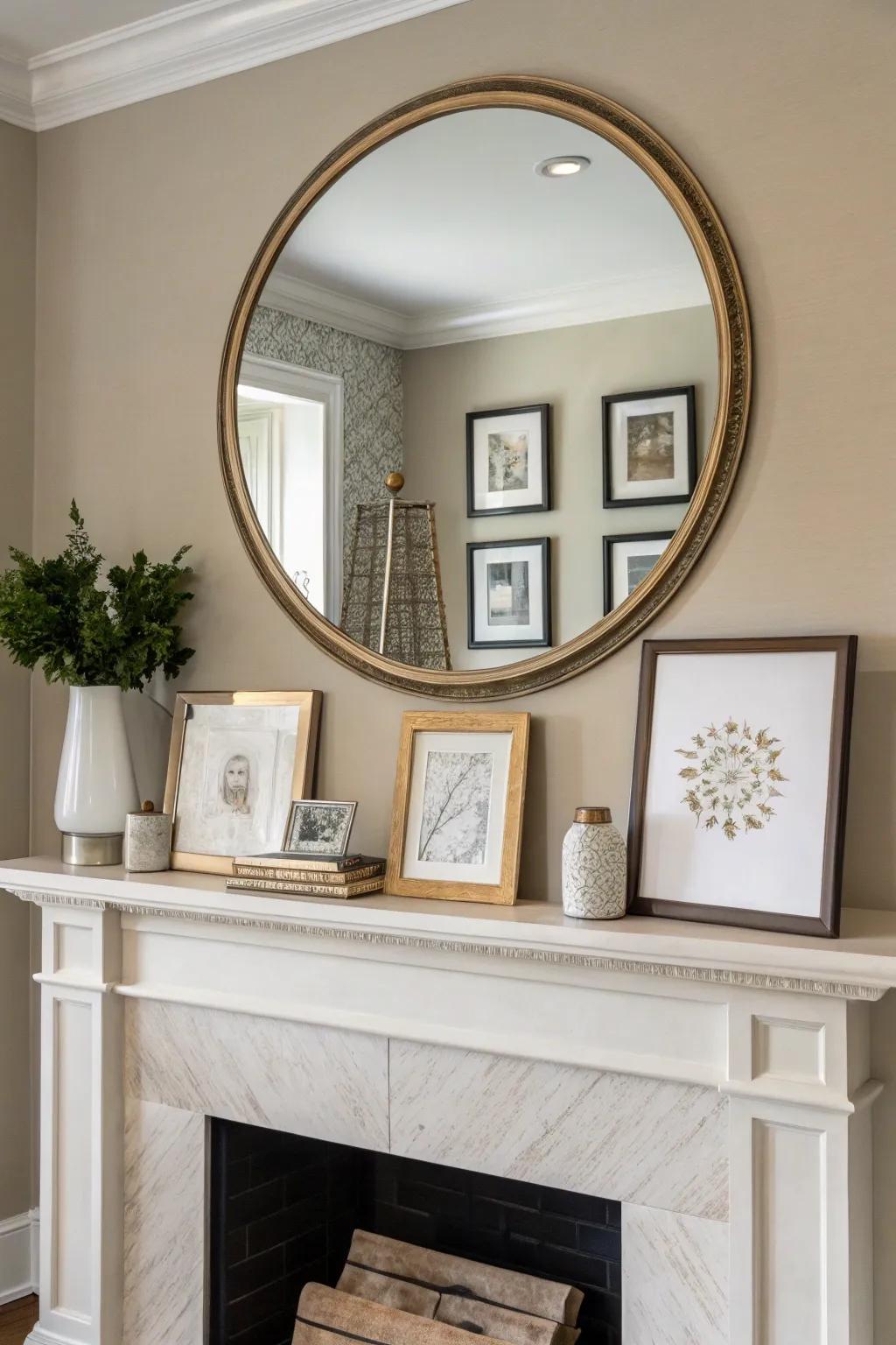 A large mirror elegantly enhances this everyday mantel design.