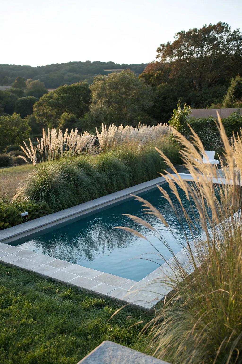 Tall grasses craft a vibrant and lively frame surrounding the pool.