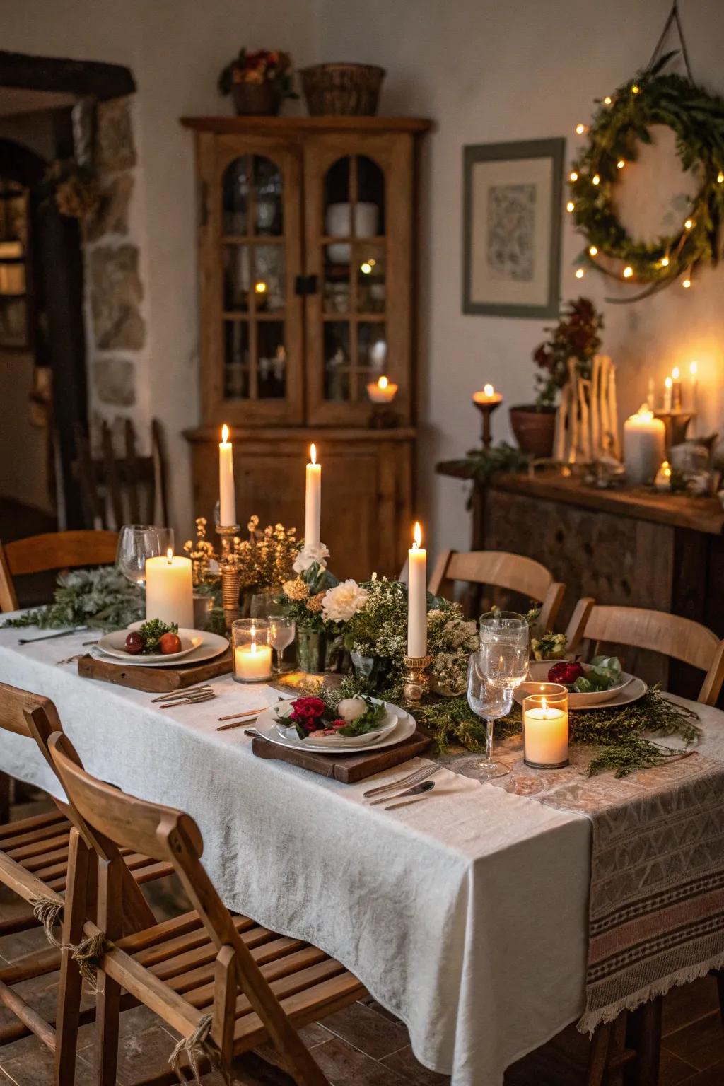 Flickering lights creating a snug ambiance across a rustic table.