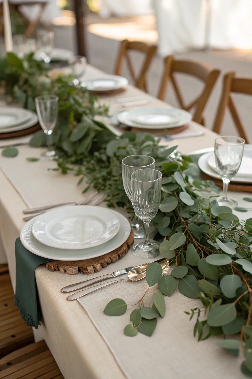 Verdant table runners bring a naturally sophisticated element to wedding tables.