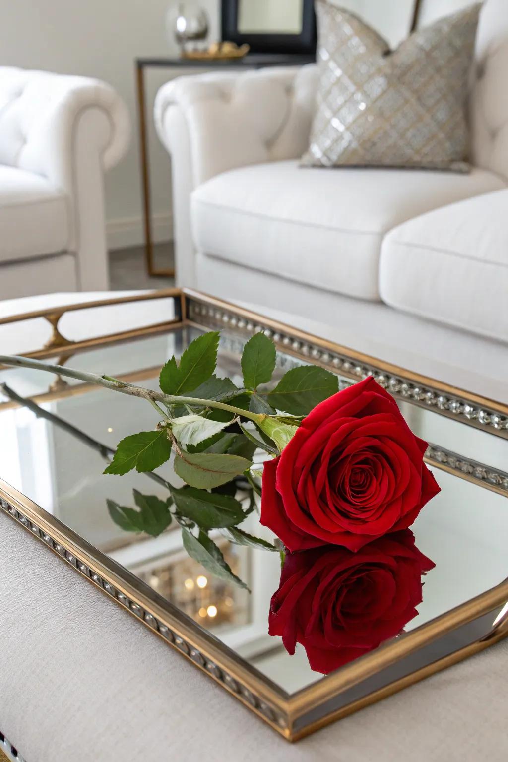 A reflective tray heightens the aesthetic appeal of a solitary rose.