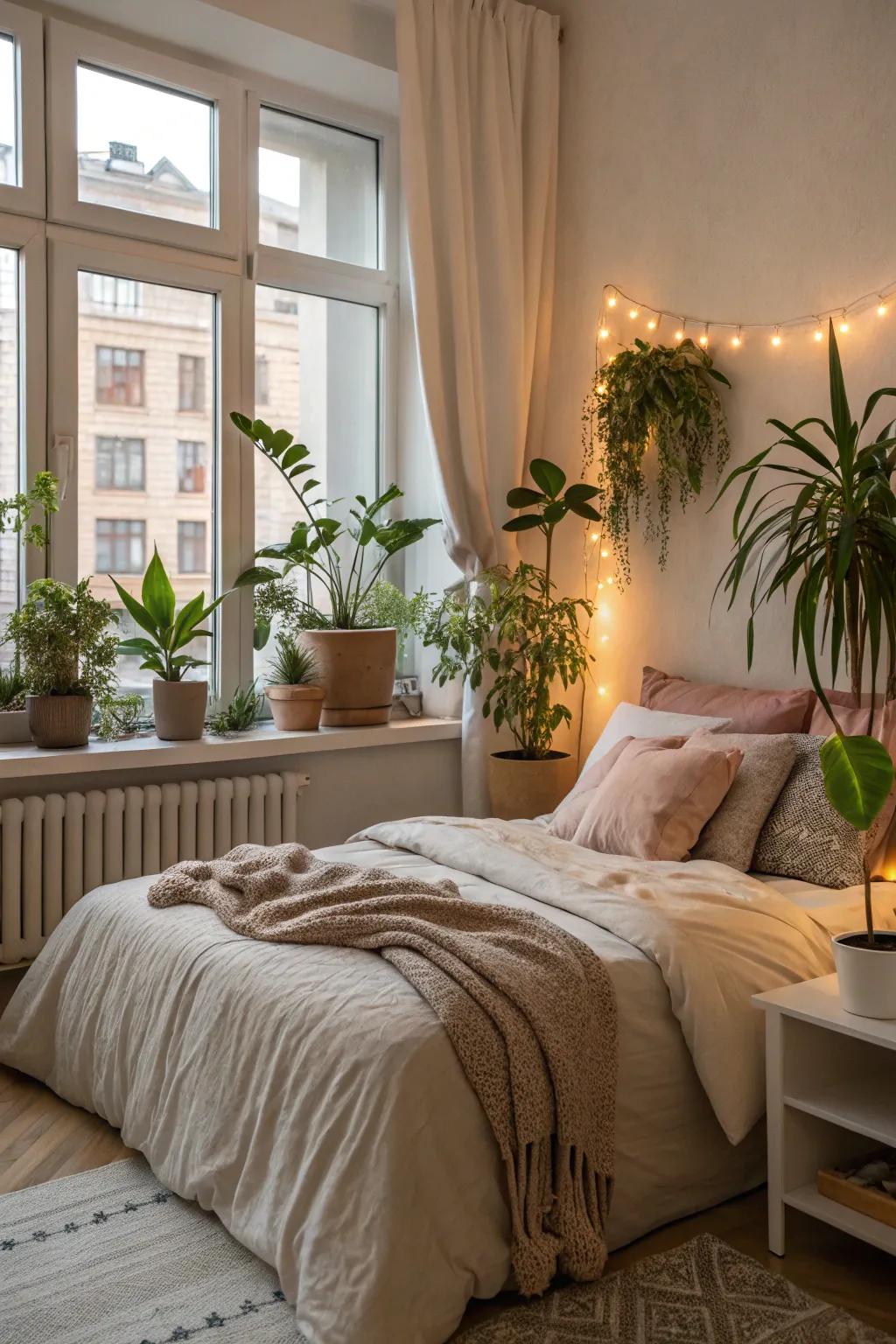 Integrating botanical life creates an open, welcoming feel within your sleeping space.