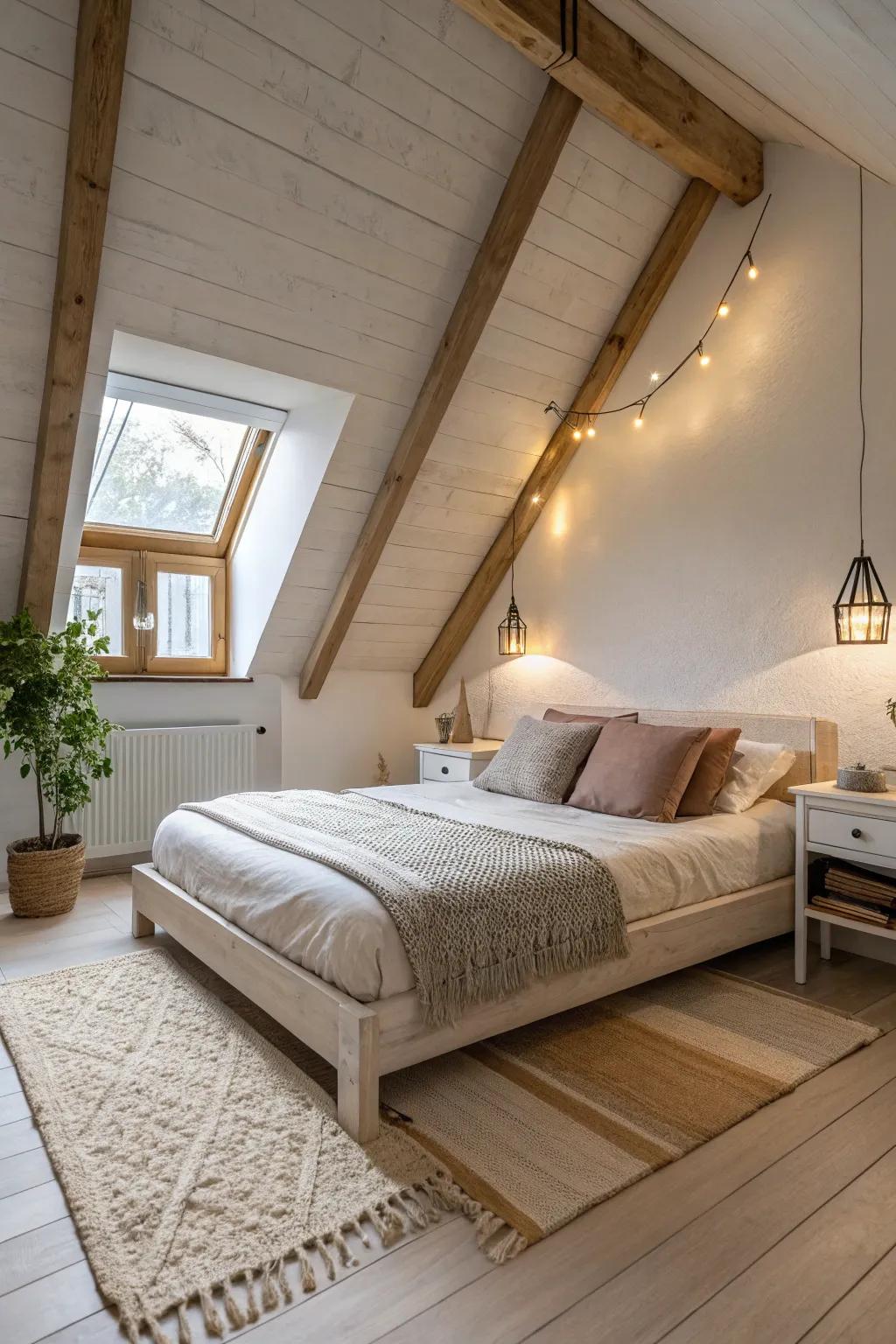 A low bed in an attic bedroom makes the most of vertical space.