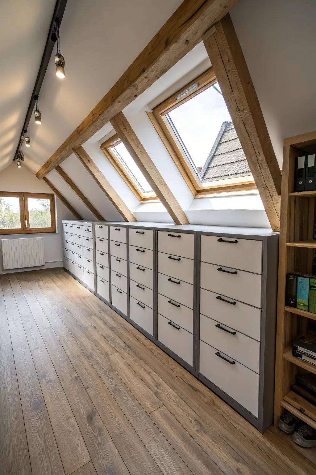 Drawers fit smoothly against sloping walls for neat storage.