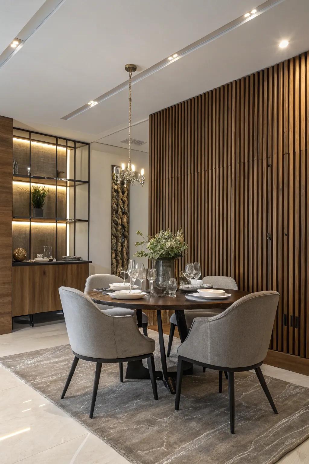A dining space showcasing a wooden strip wall, cultivating a sophisticated mood.