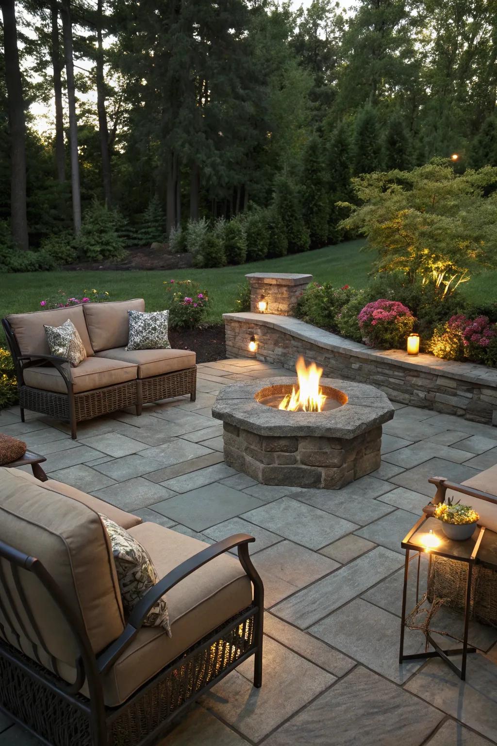 A slate patio featuring a warm and welcoming bonfire spot.