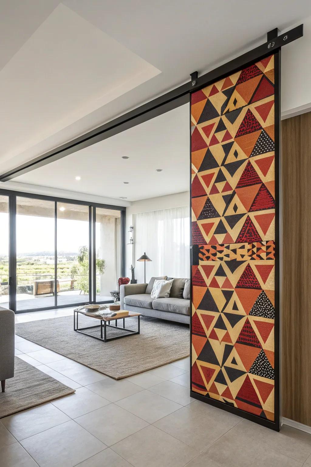A contemporary sliding door showcases artistry with its striking geometric designs.