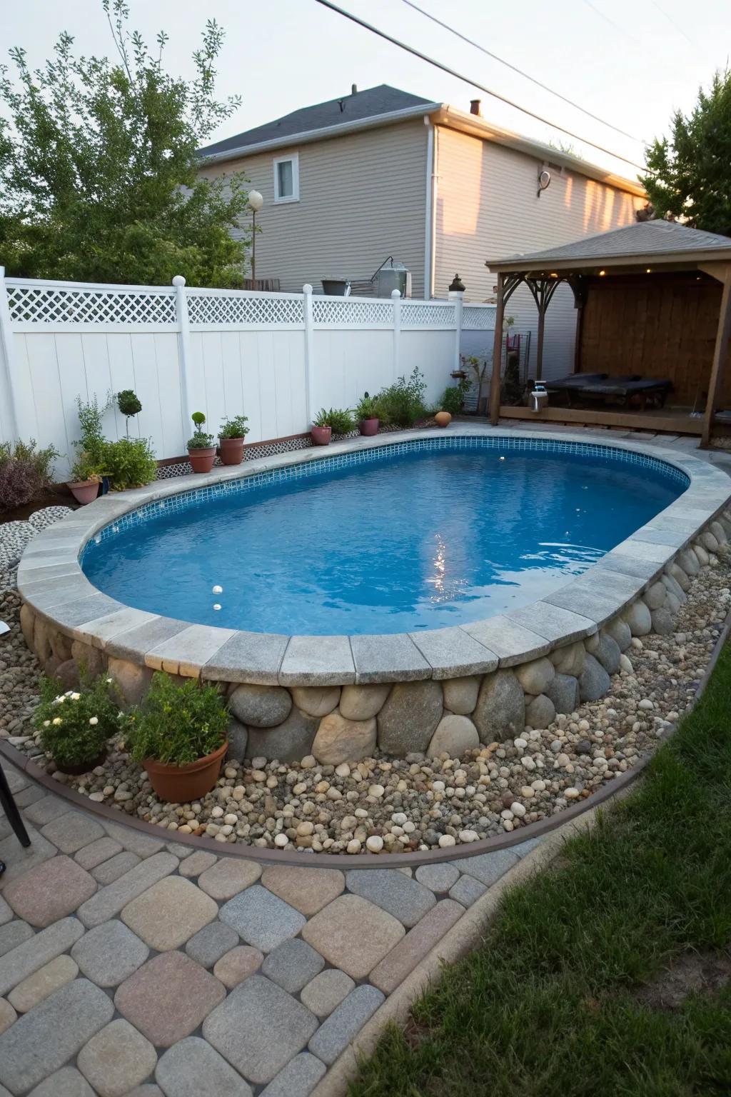 Ornamental stones stylishly framing an above-ground pool, adding a hint of rustic charm.