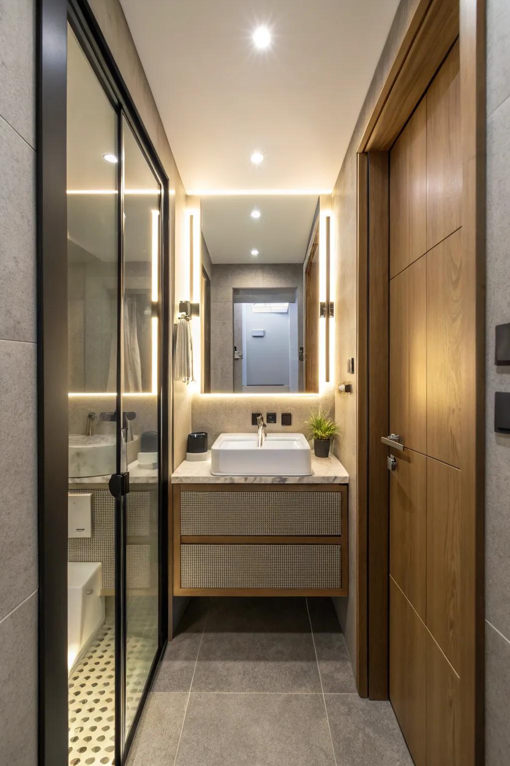 Mirrored doors amplify space by reflecting light.