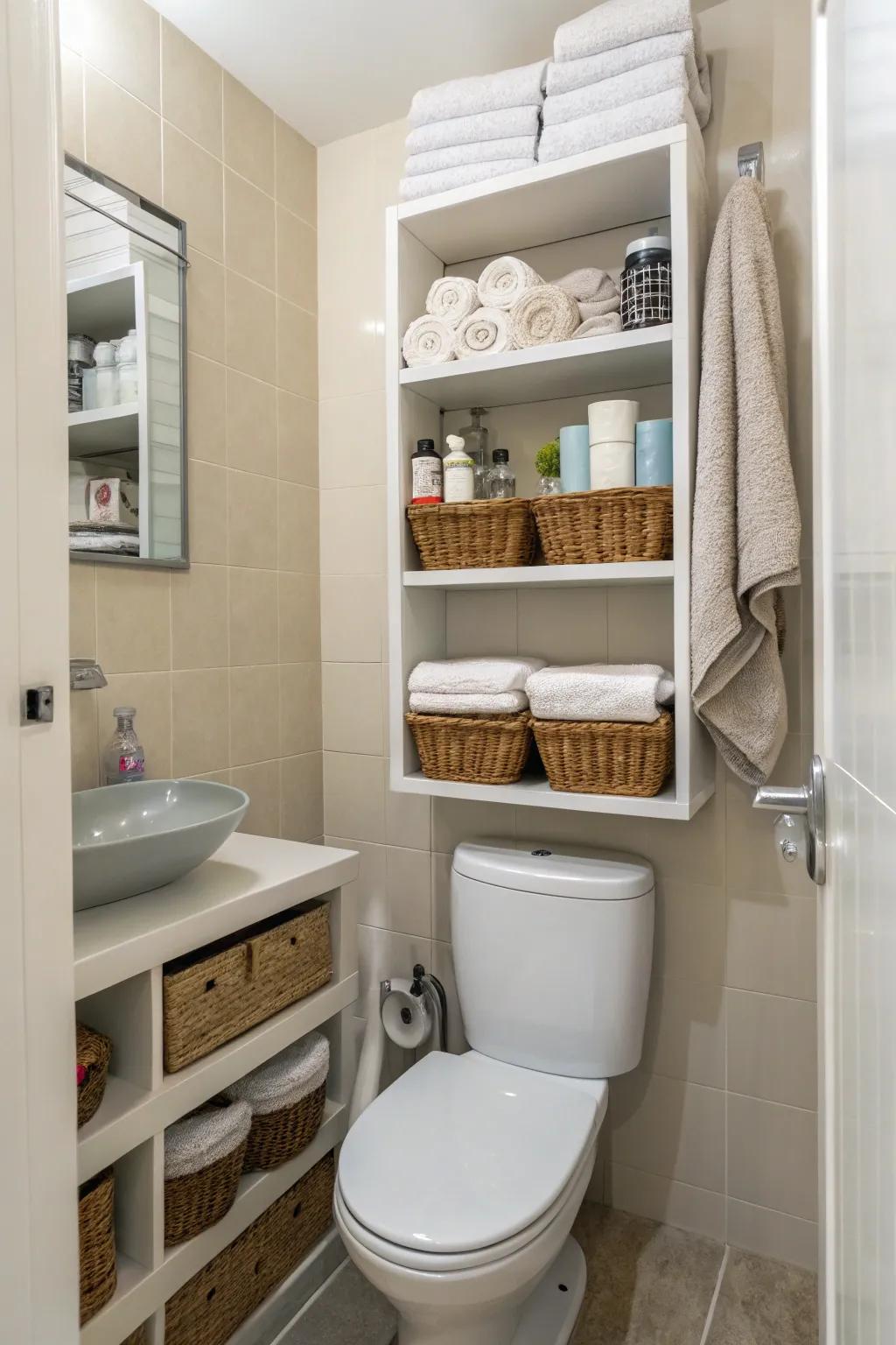 Vertical shelving maximizes storage in a small bathroom.