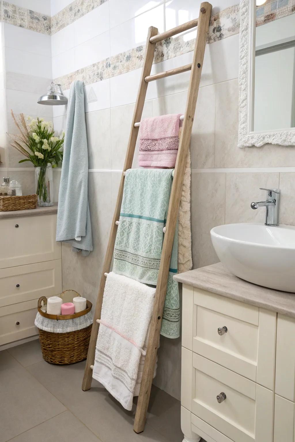 Elevate your bathroom's style using a decorative ladder for towel storage.