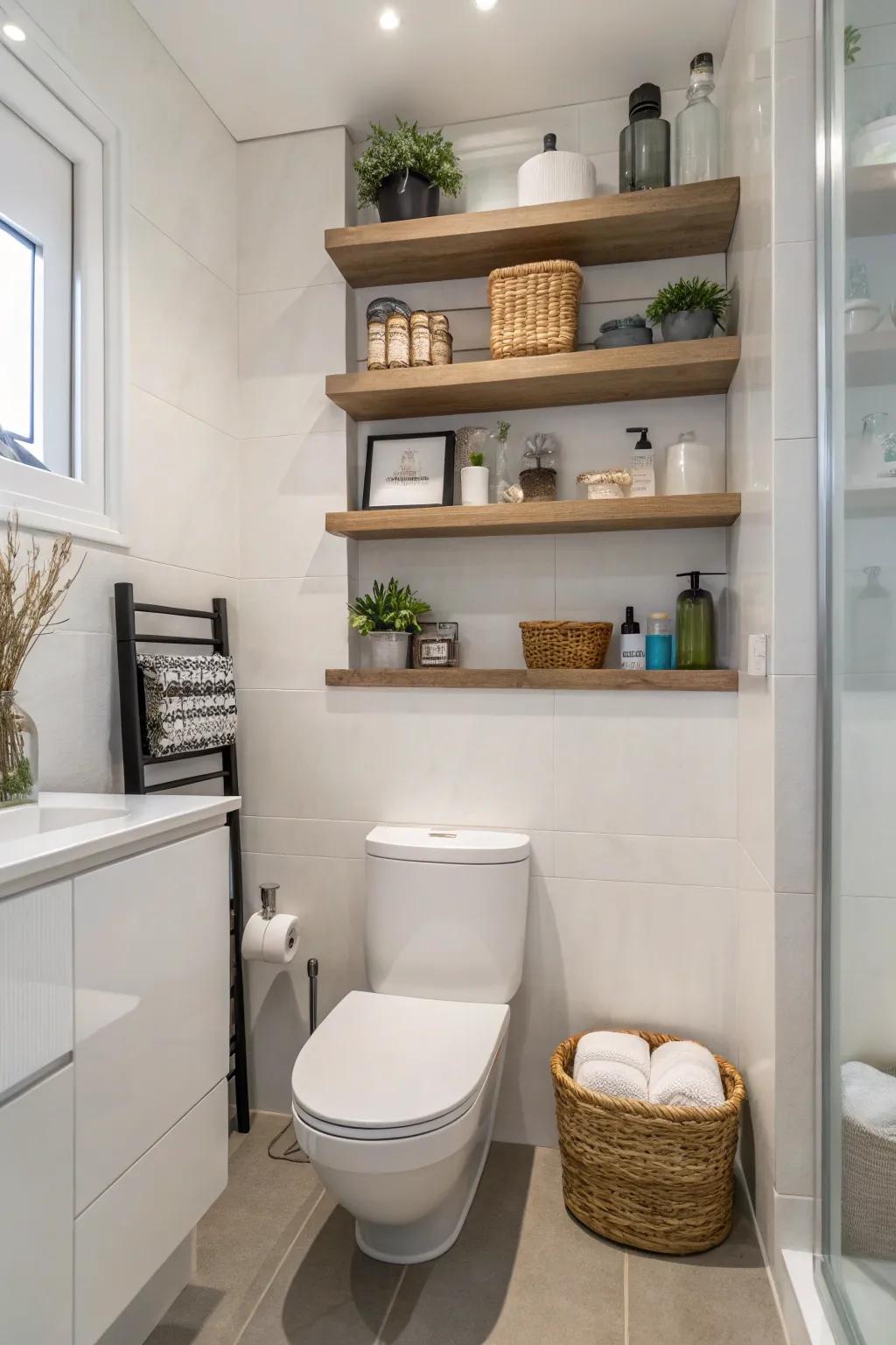 Floating shelves add elegance and functionality.