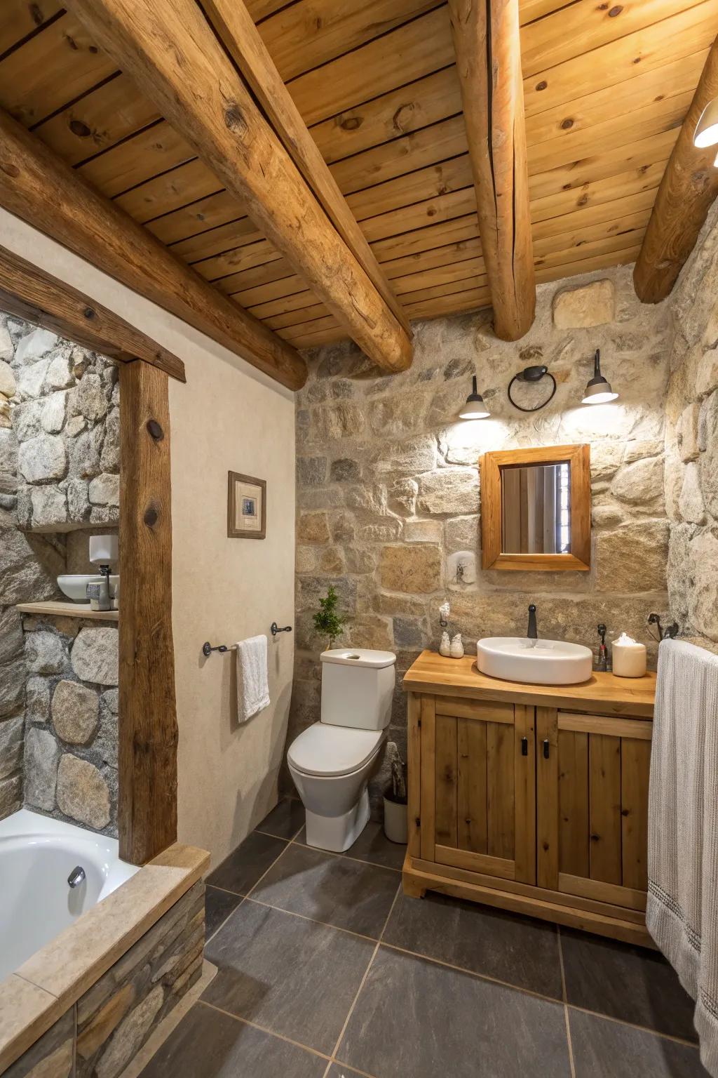 Rustic accents enhance the character of this attractive bathroom.