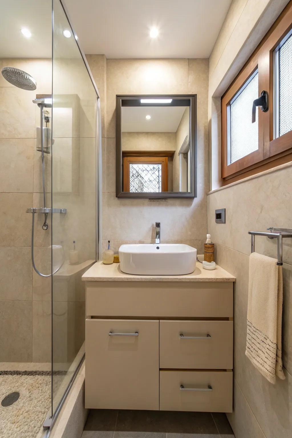 A small bathroom with modern beige fixtures.