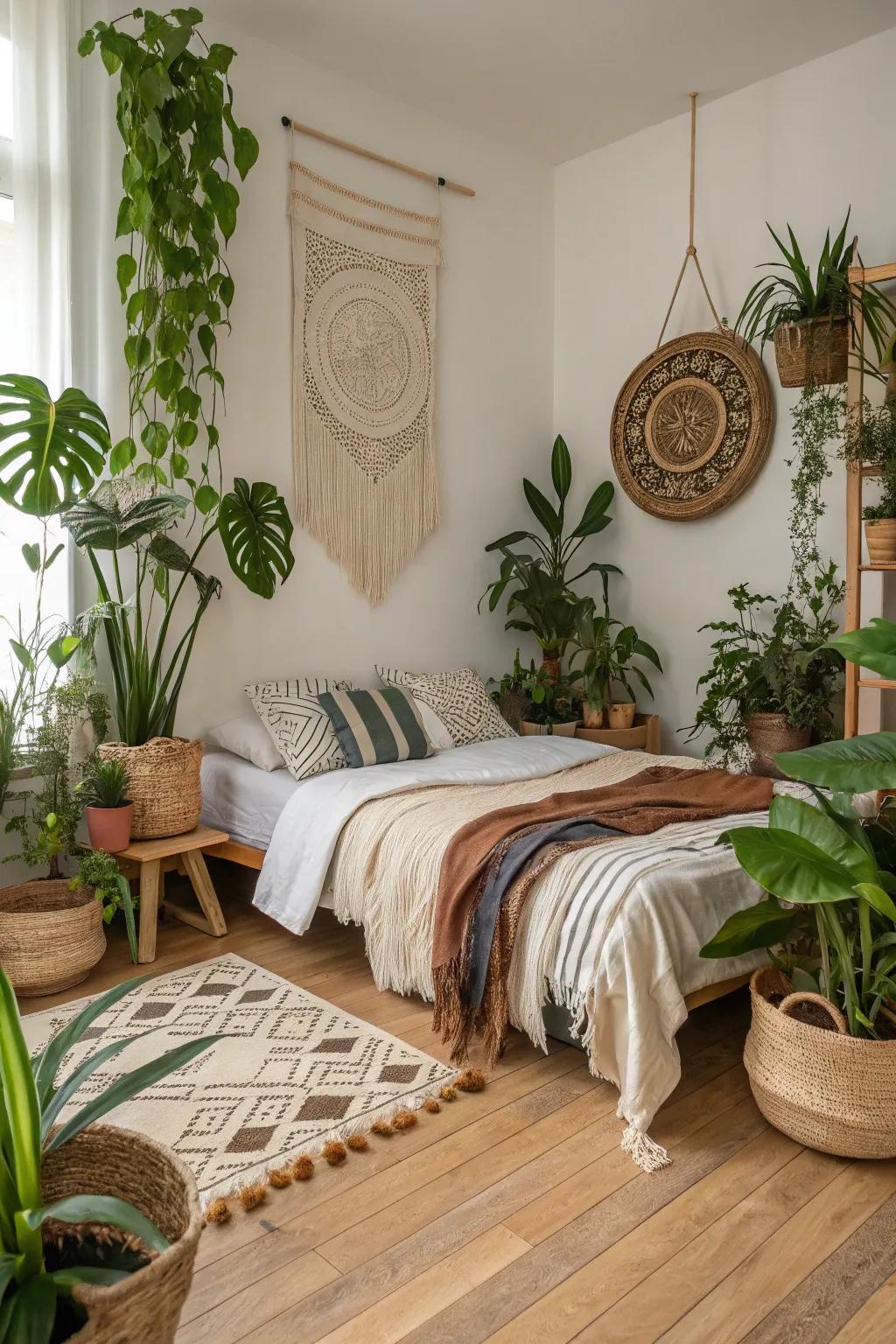Inborn components breathe animation into this petite boho bedroom