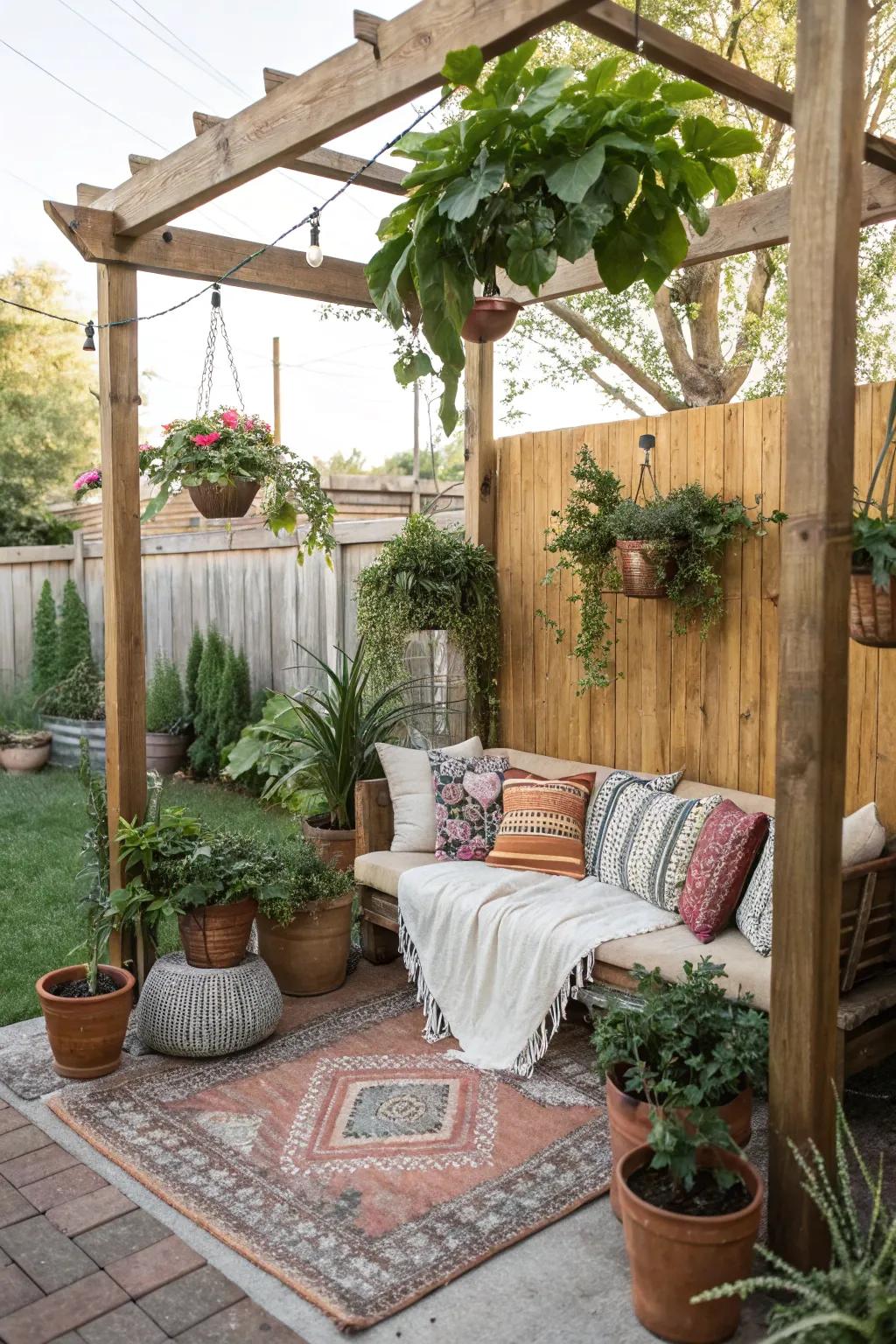 Hanging plants utilize space and add lush greenery.