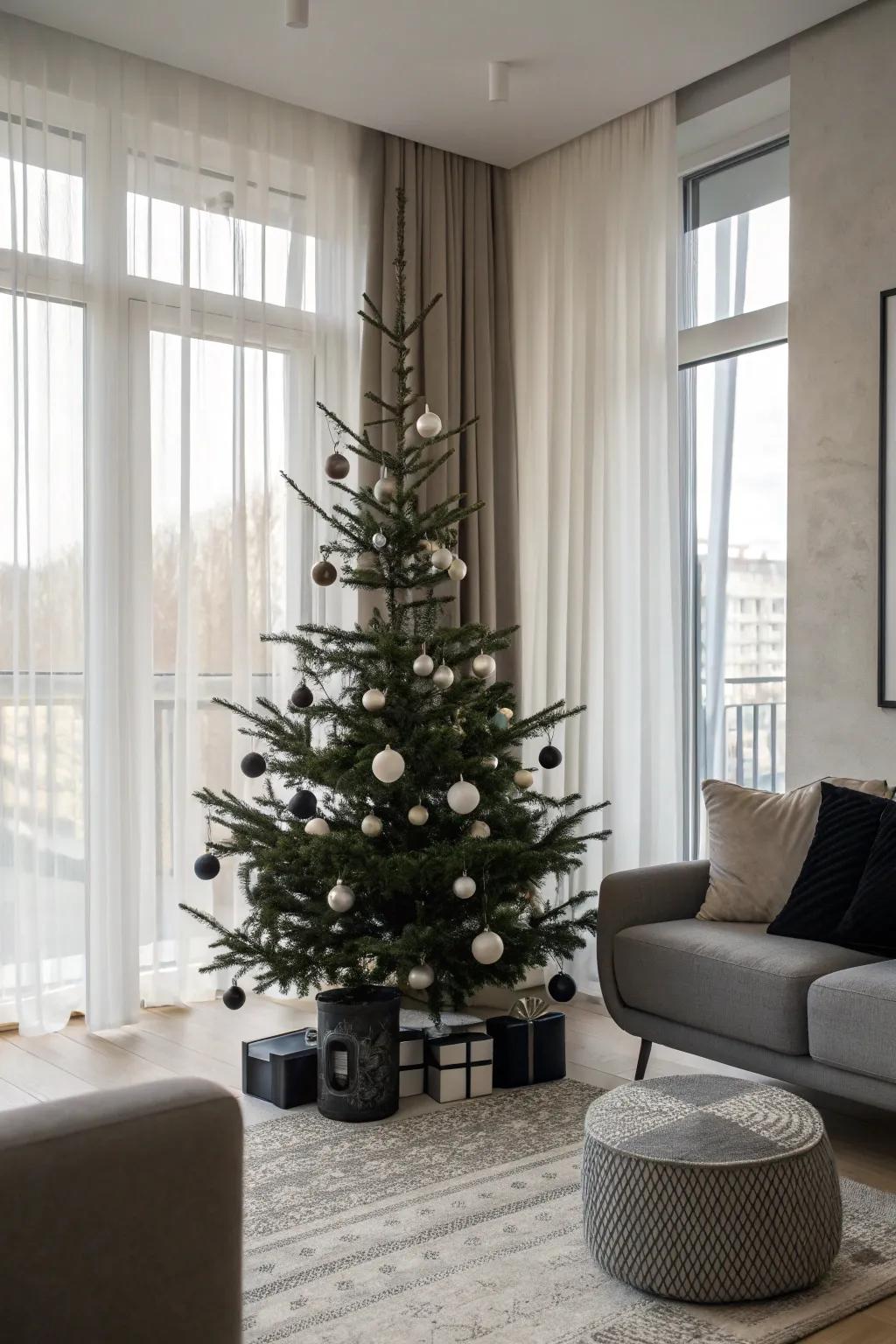 A streamlined petite evergreen adorned with simplistic, exquisite decorations.