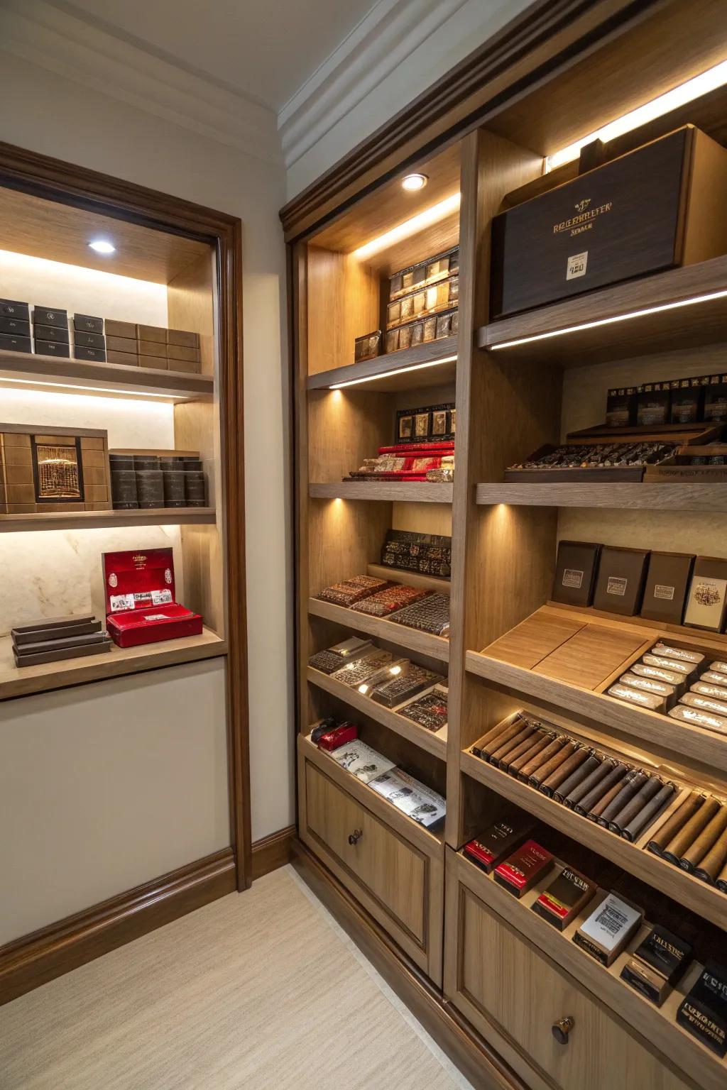 Efficient storage solutions keep this compact cigar space organized and fashionable.