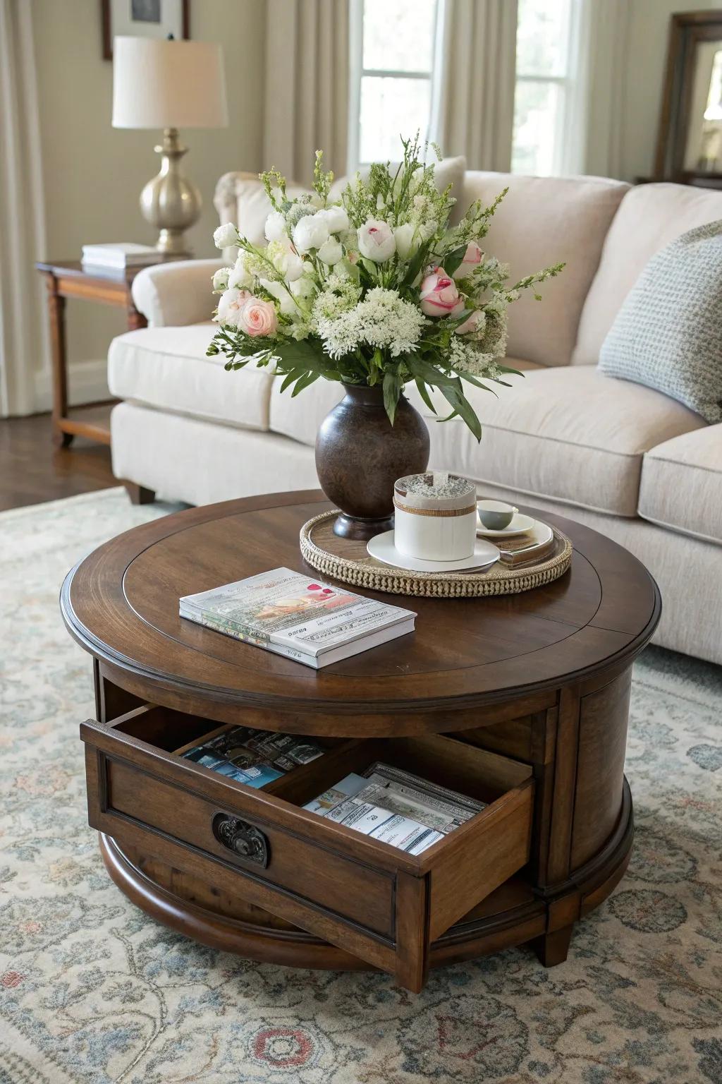 Circular tables with hidden sections offer both aesthetics and utility.