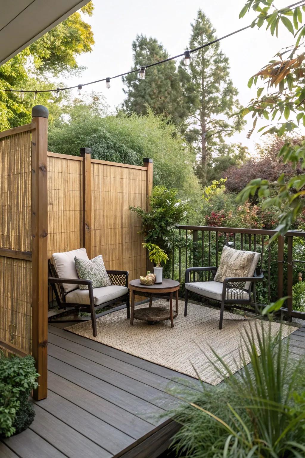 A private corner on a compact deck featuring bamboo dividers.
