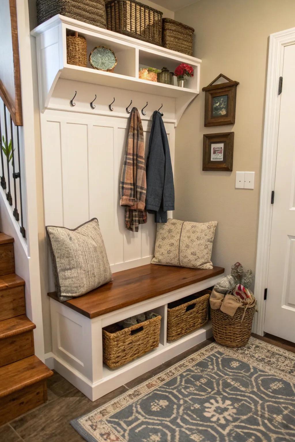 A multi-functional bench offers seating and storage in one.