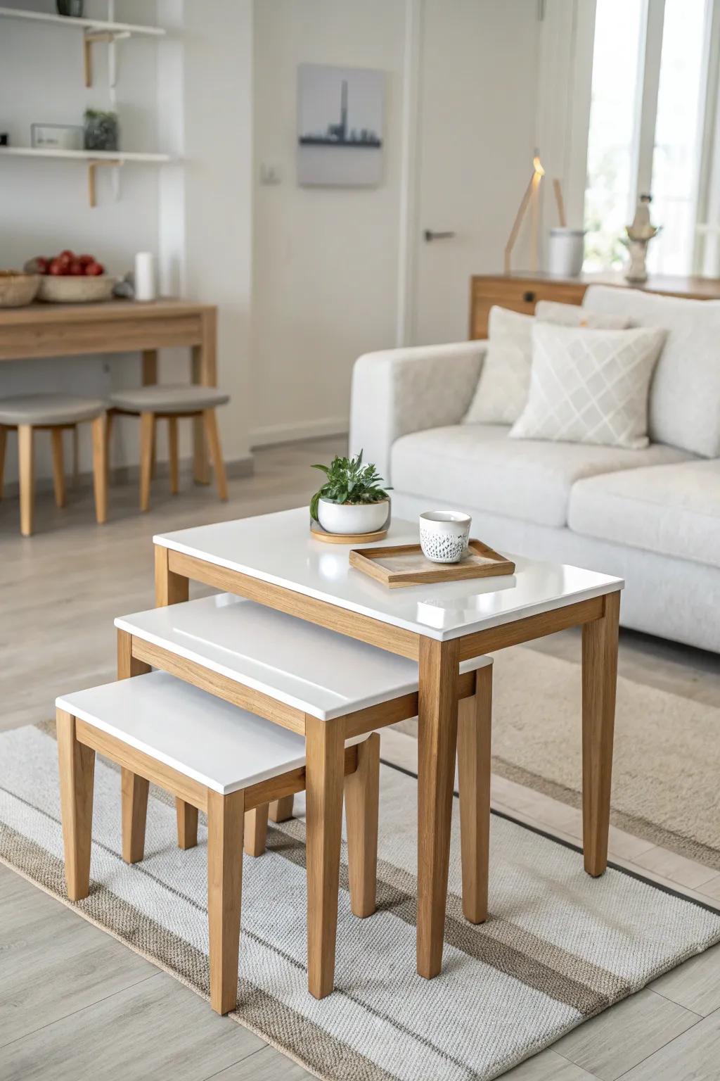 Nesting tables optimize space in a minimalist room.