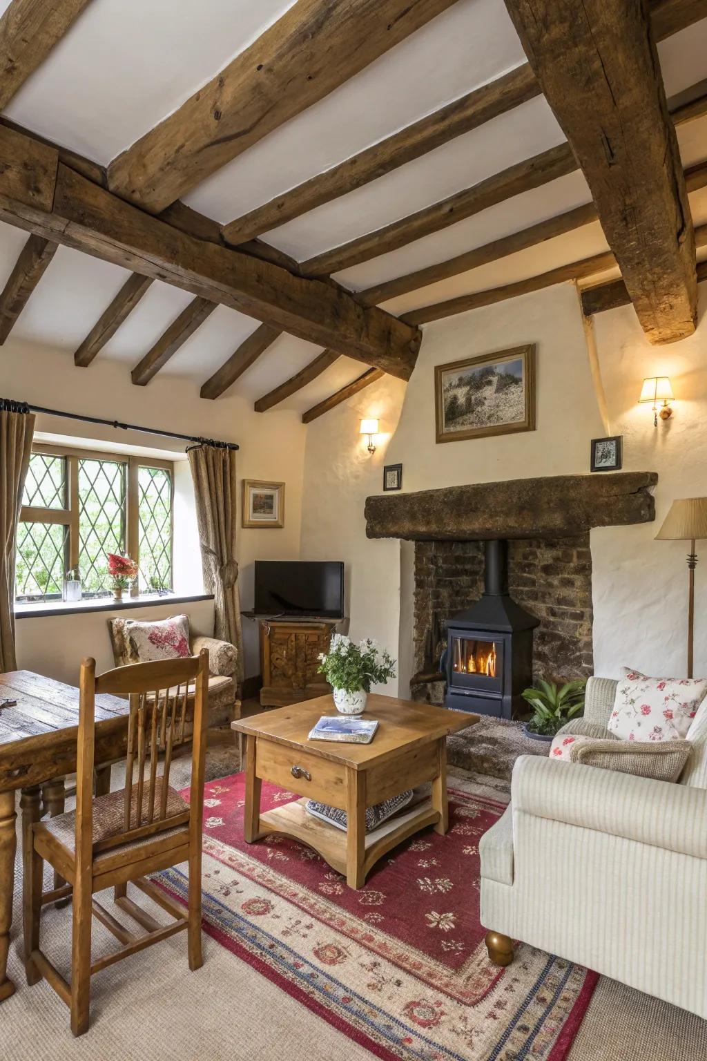 Rustic wooden beams and furniture add warmth to this cottage living room.