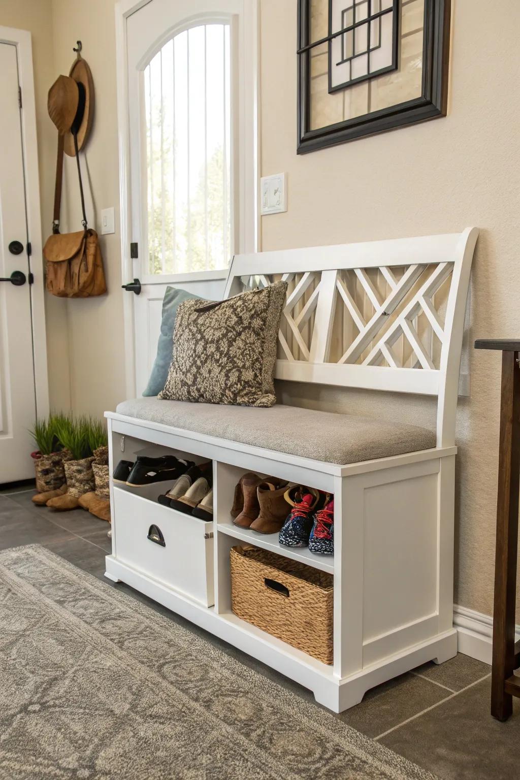 Benches with concealed storage combine seating with organization.