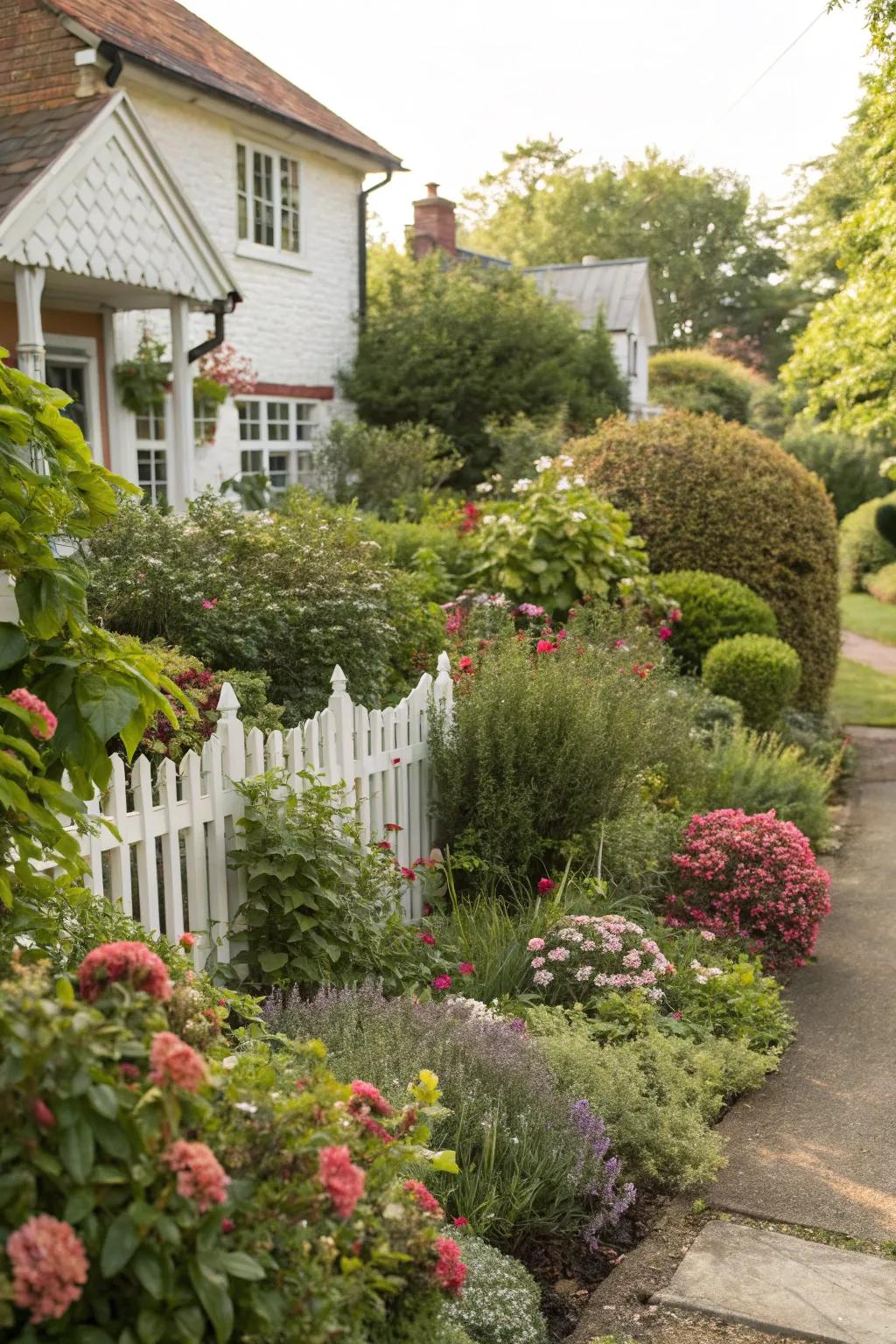 A vibrant amalgamation of bushes and flowering flora within a compact front yard.