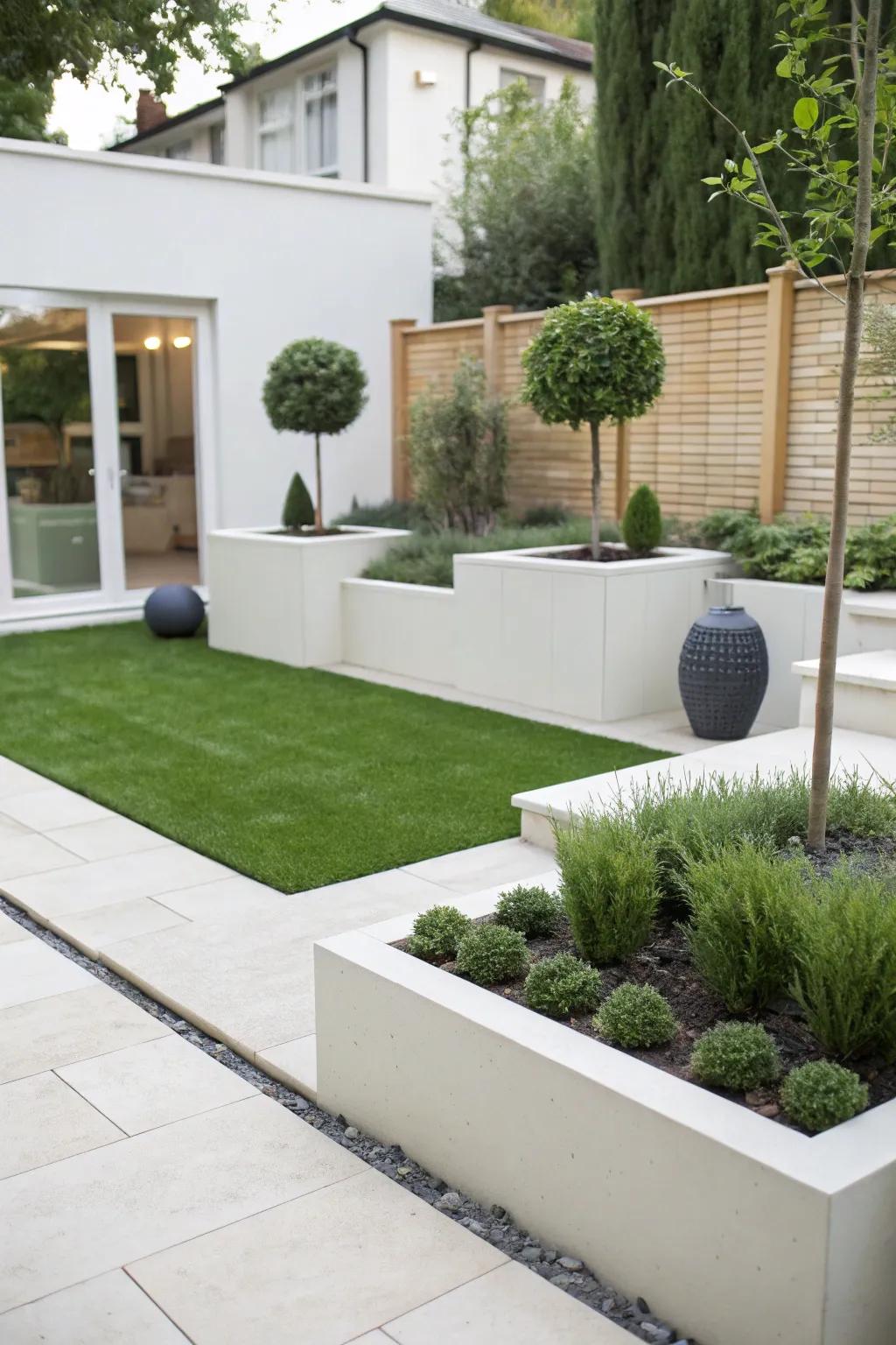 A minimalist garden featuring artificial turf, emphasizing clean lines and simplicity.
