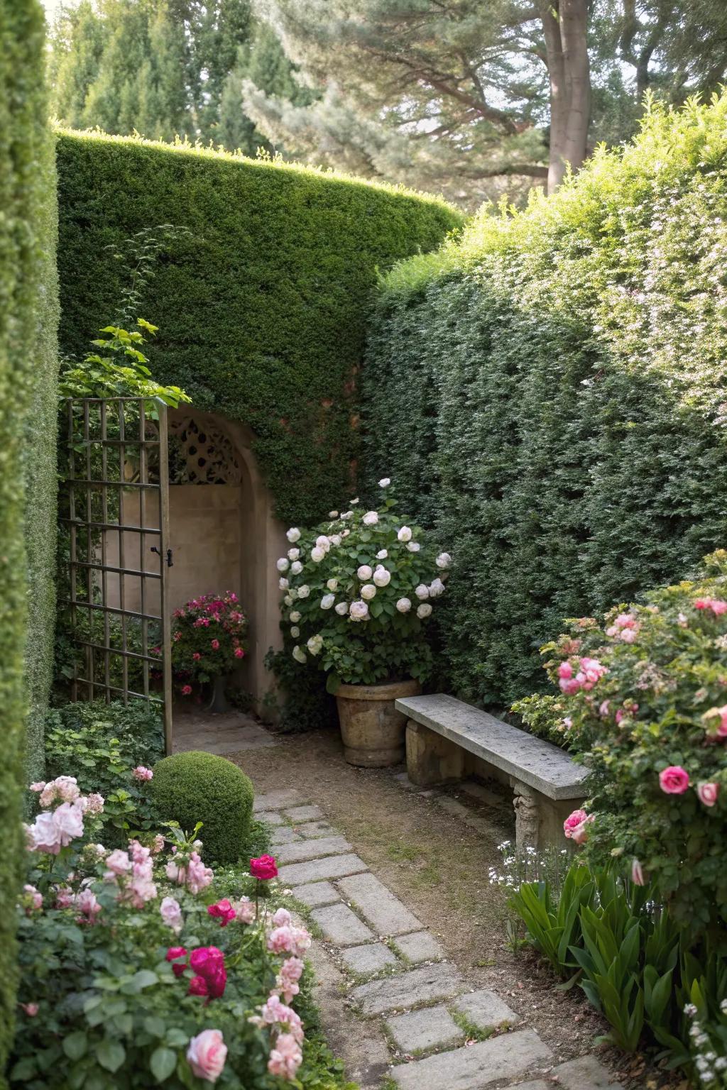 Taller green fences fashioning a secluded outdoor retreat.