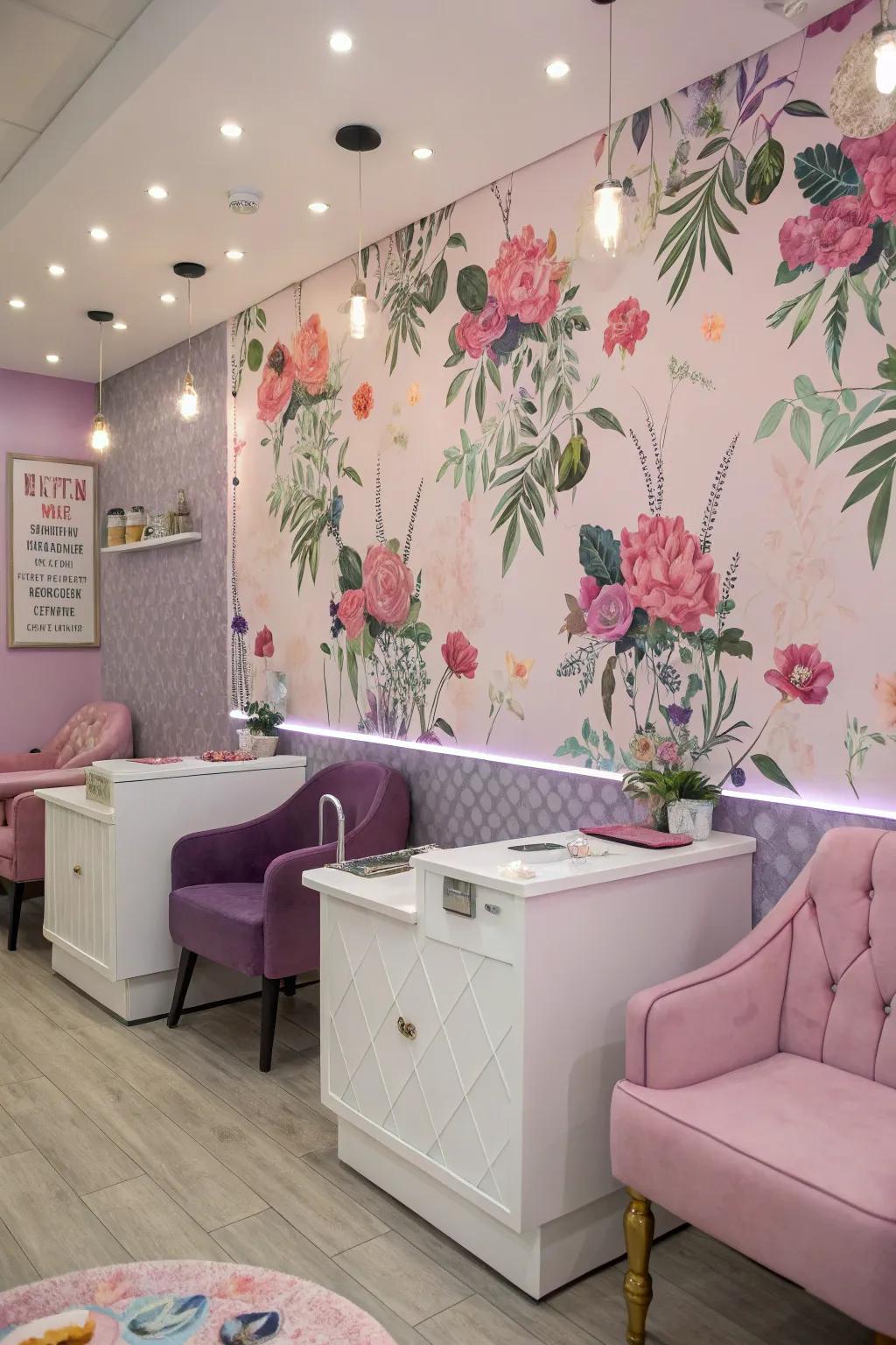 Striking patterned wall covering energizes the location.