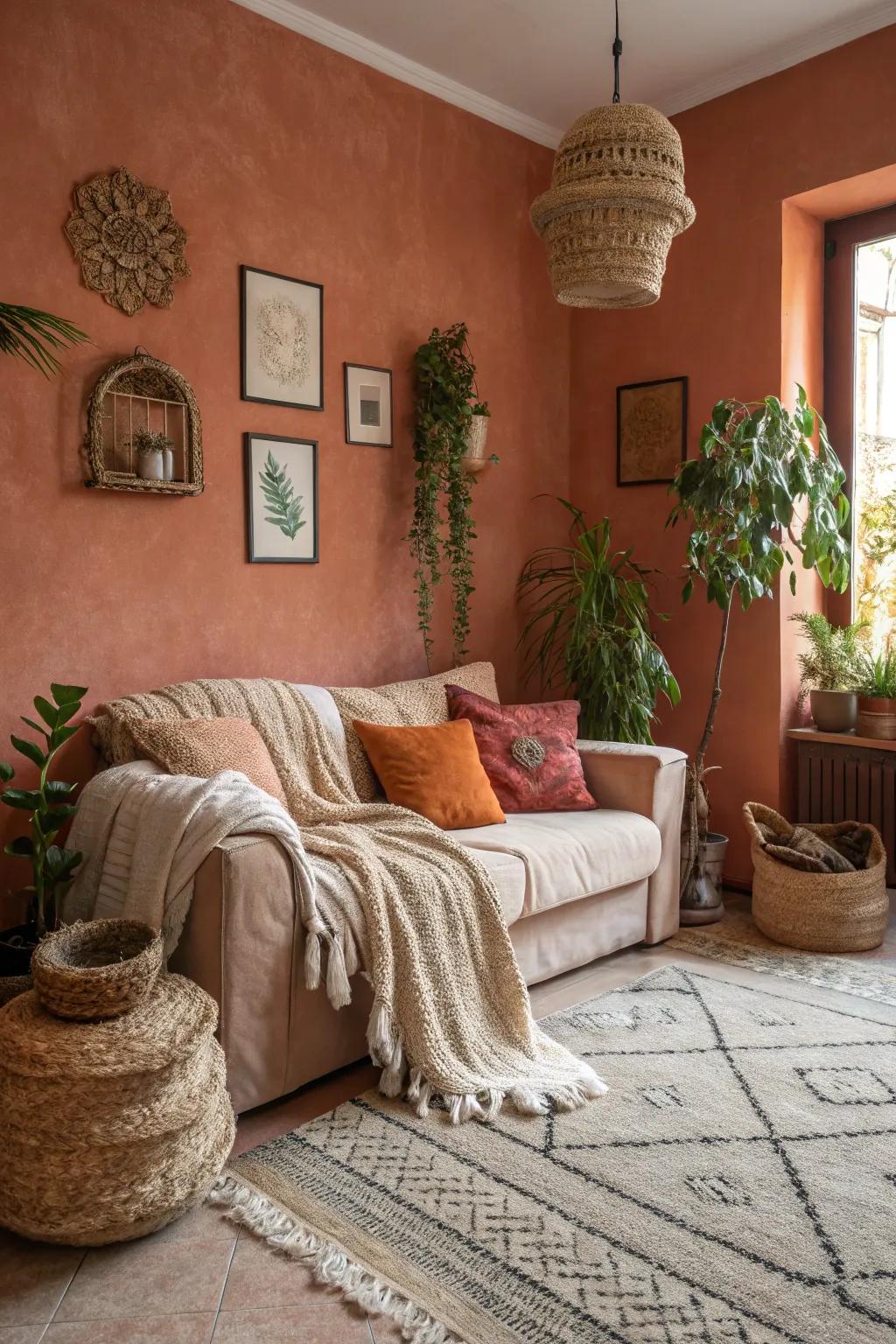 A compact living space showcasing terracotta walls to ignite warmth.