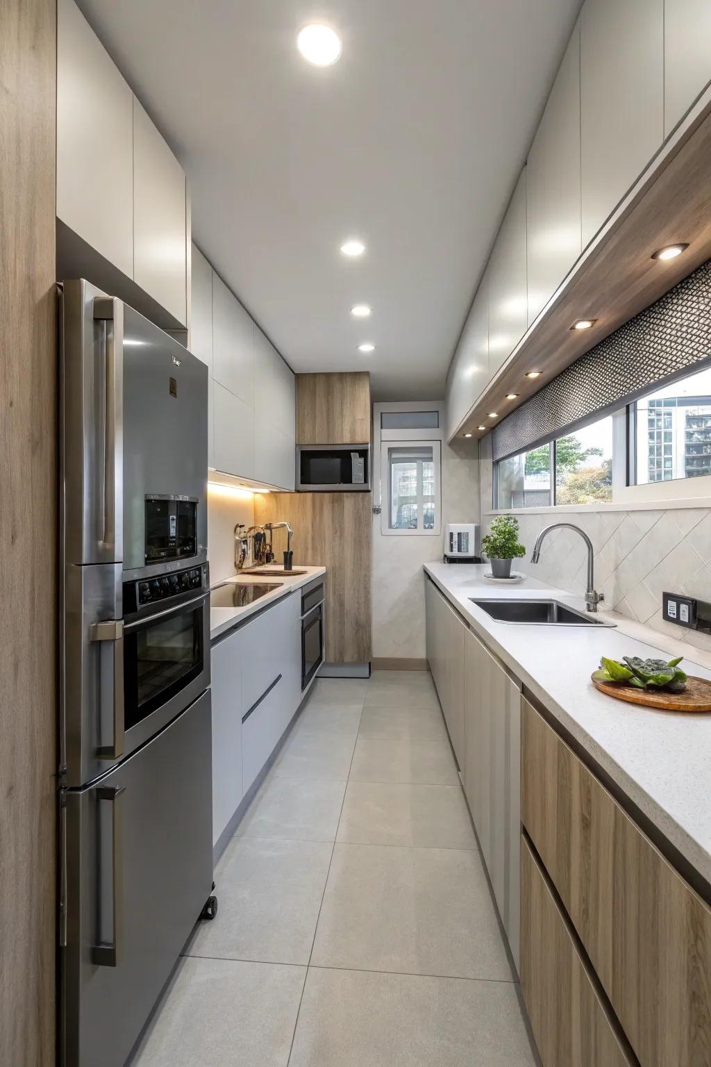 A streamlined and condensed kitchen arrangement optimizes the available area.